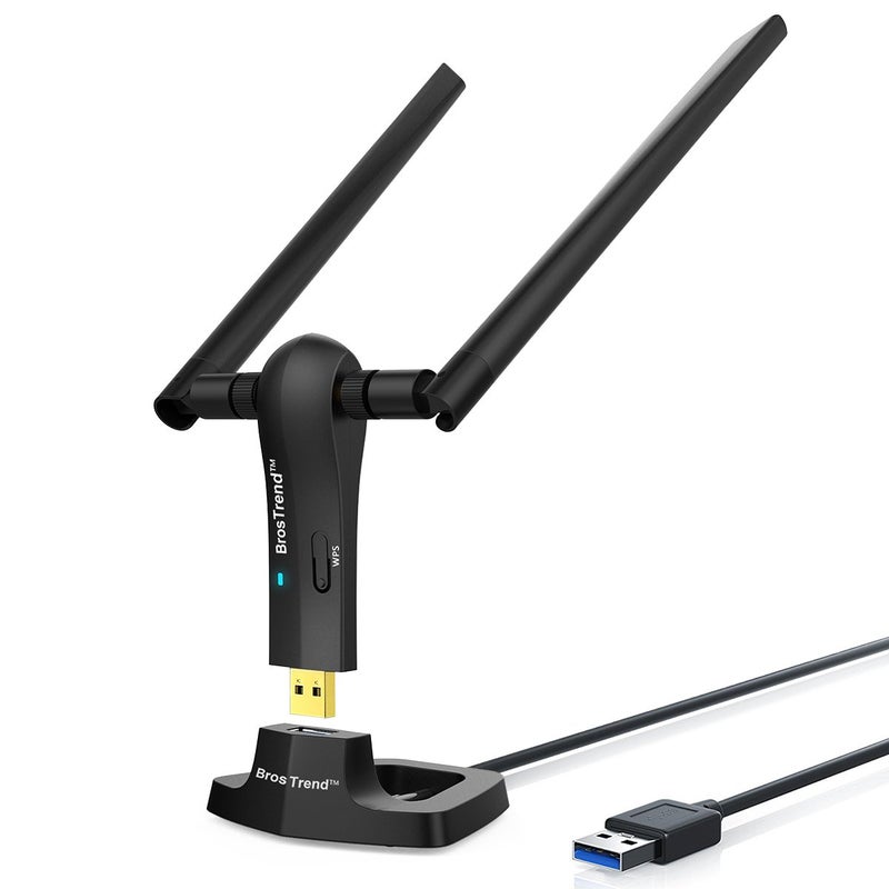 BrosTrend 1200Mbps Long Range USB WiFi Adapter for PC Desktop Laptop of Windows 11/10/8.1/8/7, Wireless Adapter Dual Band 2.4GHz 300Mbps + 5GHz 867Mbps, 2X 5dBi High Gain Antennas, USB 3.0 Cradle - Image 1